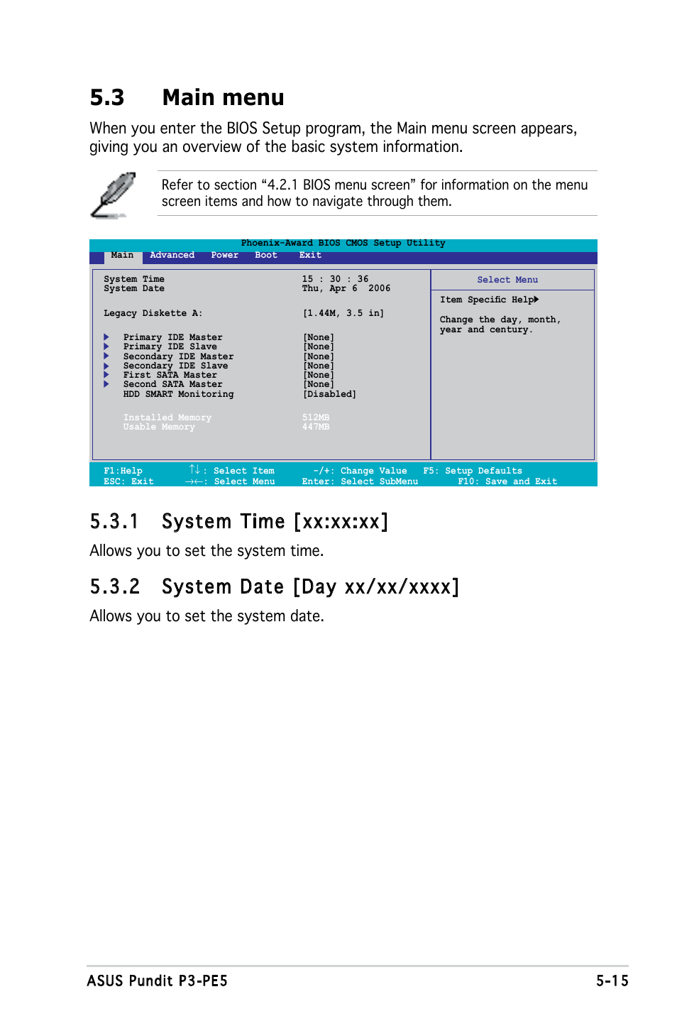 3 main menu, 1 system time [xx:xx:xx, Allows you to set the system time | Allows you to set the system date | Asus P3-PE5 User Manual | Page 75 / 95