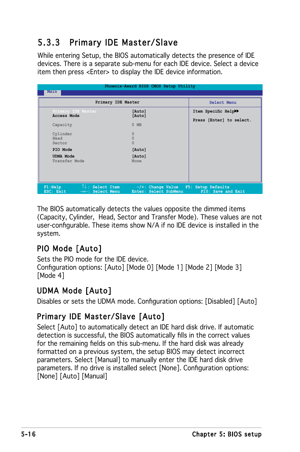 3 primary ide master/slave, Pio mode [auto, Udma mode [auto | Primary ide master/slave [auto | Asus P3-PE5 User Manual | Page 76 / 95