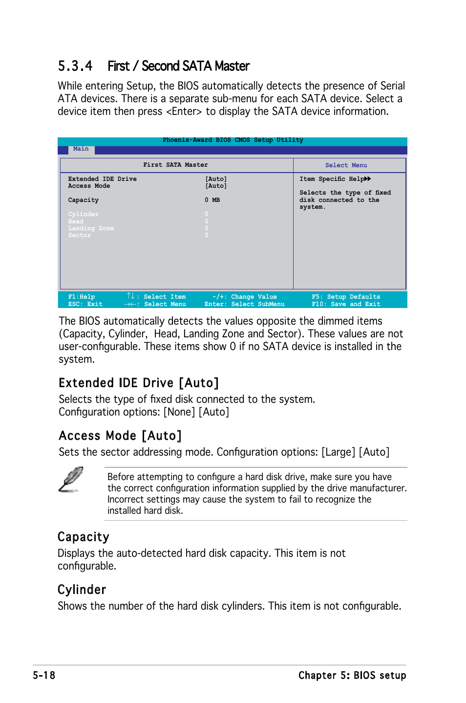 4 first / second sata master, Extended ide drive [auto, Access mode [auto | Capacity, Cylinder | Asus P3-PE5 User Manual | Page 78 / 95