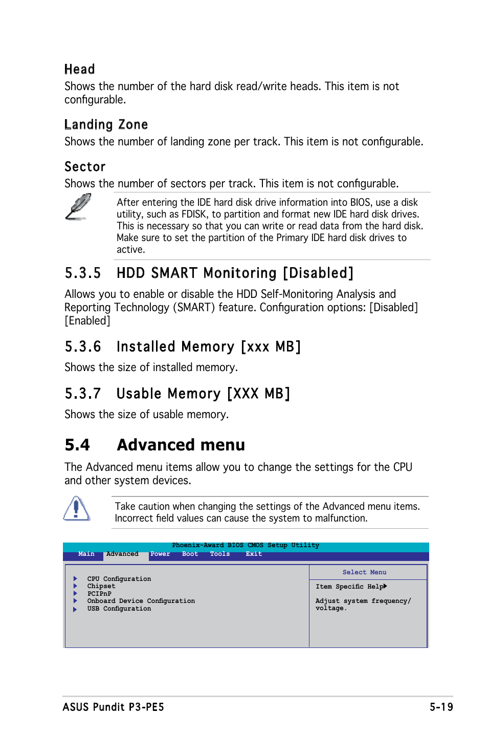 4 advanced menu, 5 hdd smart monitoring [disabled, Head | Landing zone, Sector | Asus P3-PE5 User Manual | Page 79 / 95