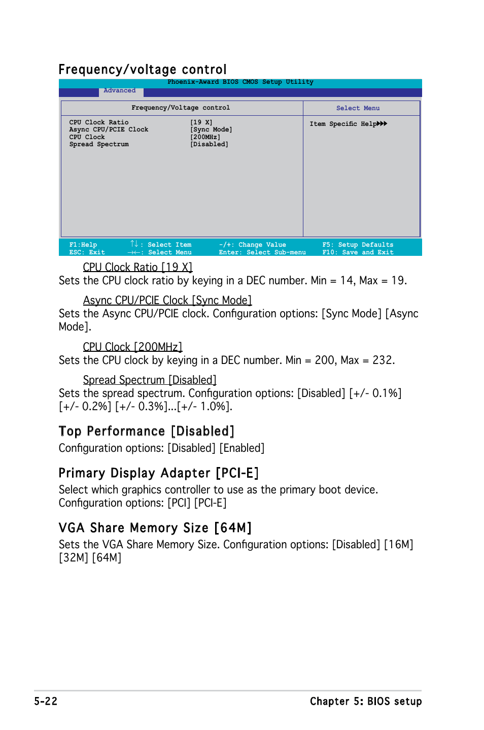 Frequency/voltage control, Top performance [disabled, Primary display adapter [pci-e | Asus P3-PE5 User Manual | Page 82 / 95