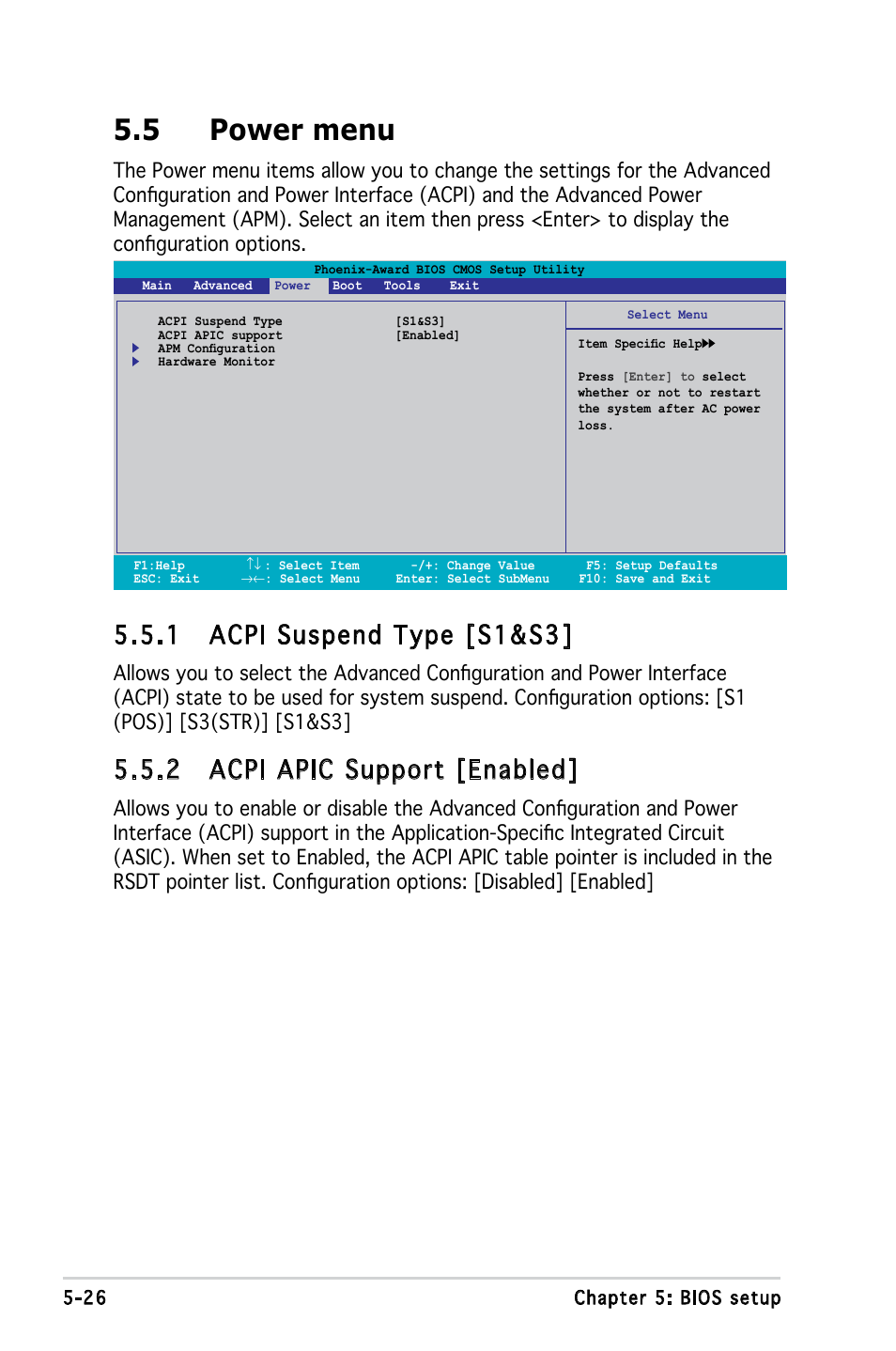 5 power menu, 1 acpi suspend type [s1&s3, 2 acpi apic support [enabled | Asus P3-PE5 User Manual | Page 86 / 95