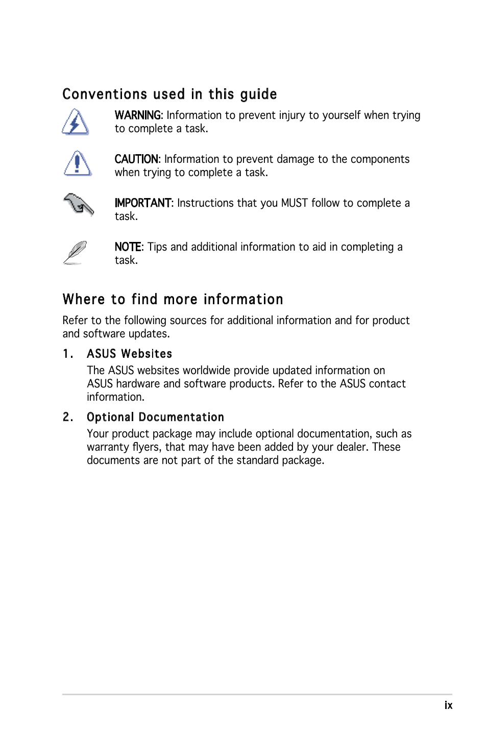 Conventions used in this guide, Where to find more information | Asus P3-PE5 User Manual | Page 9 / 95