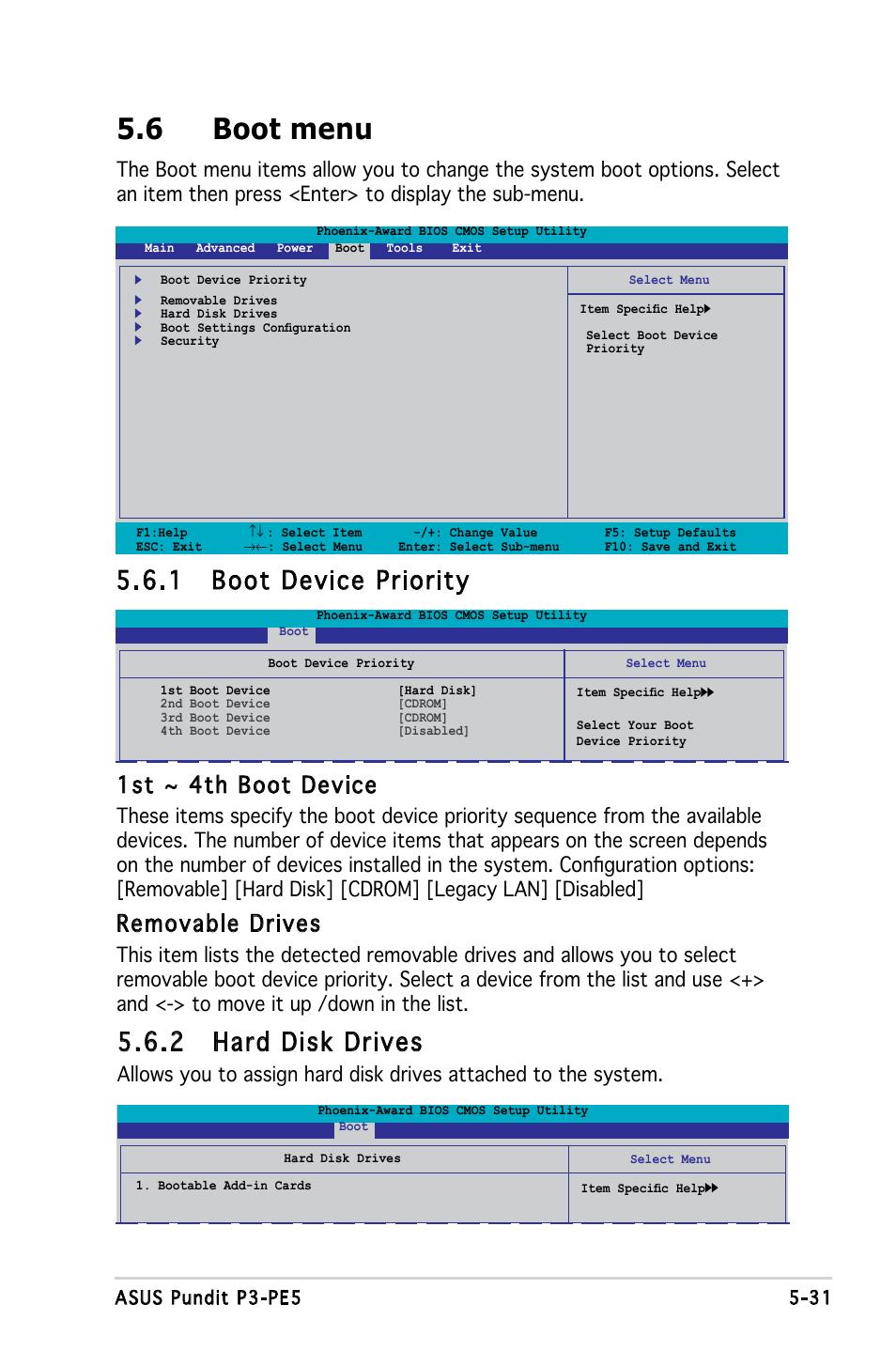 6 boot menu, 1 boot device priority, 2 hard disk drives | 1st ~ 4th boot device, Removable drives | Asus P3-PE5 User Manual | Page 91 / 95