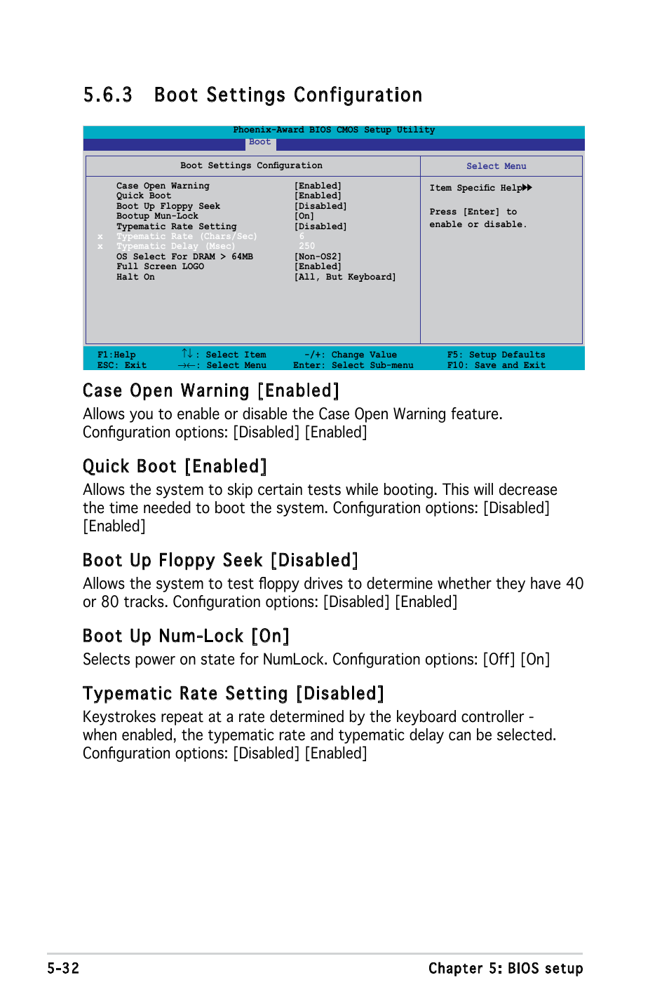 3 boot settings configuration, Case open warning [enabled, Quick boot [enabled | Boot up floppy seek [disabled, Boot up num-lock [on, Typematic rate setting [disabled | Asus P3-PE5 User Manual | Page 92 / 95