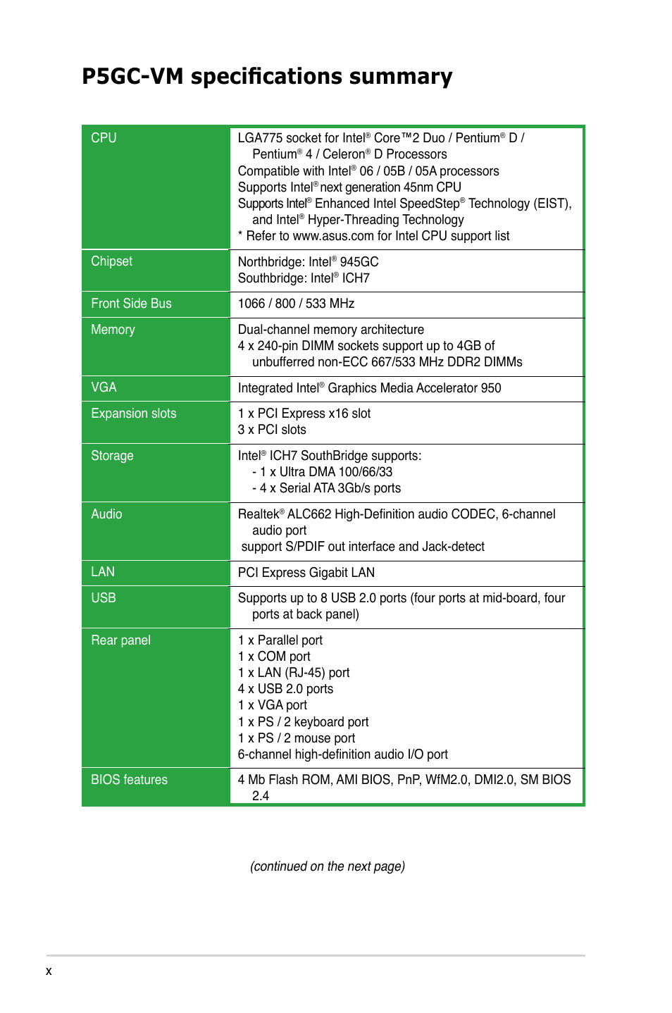P5gc-vm specifications summary | Asus P5GC-VM User Manual | Page 10 / 94