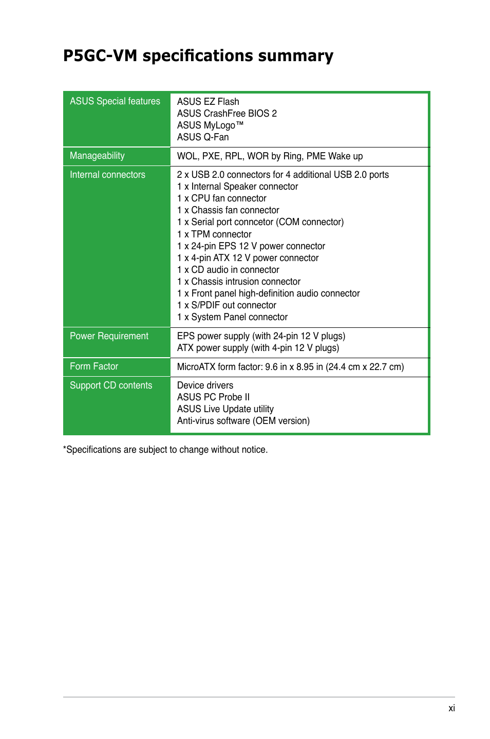 P5gc-vm specifications summary | Asus P5GC-VM User Manual | Page 11 / 94