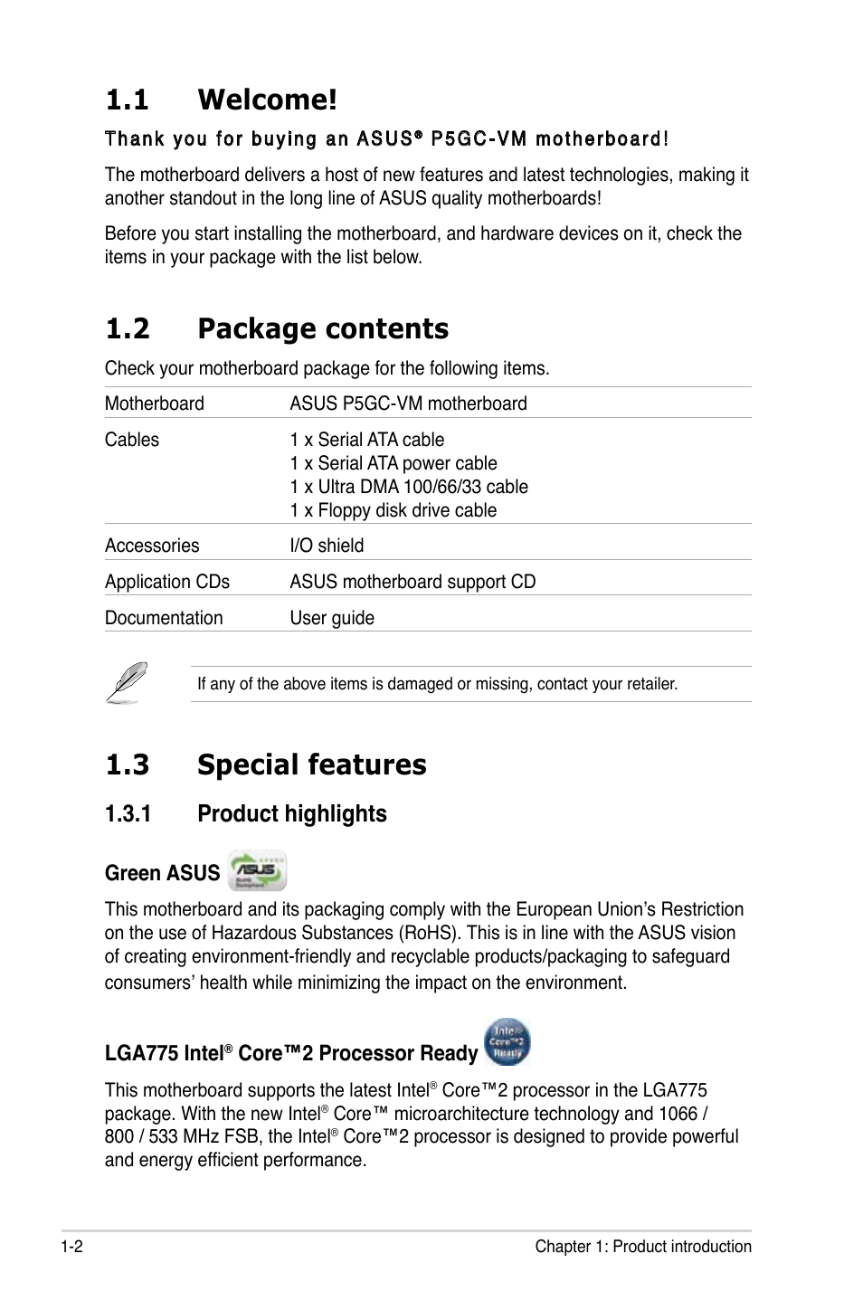 1 welcome, 2 package contents, 3 special features | 1 product highlights | Asus P5GC-VM User Manual | Page 14 / 94