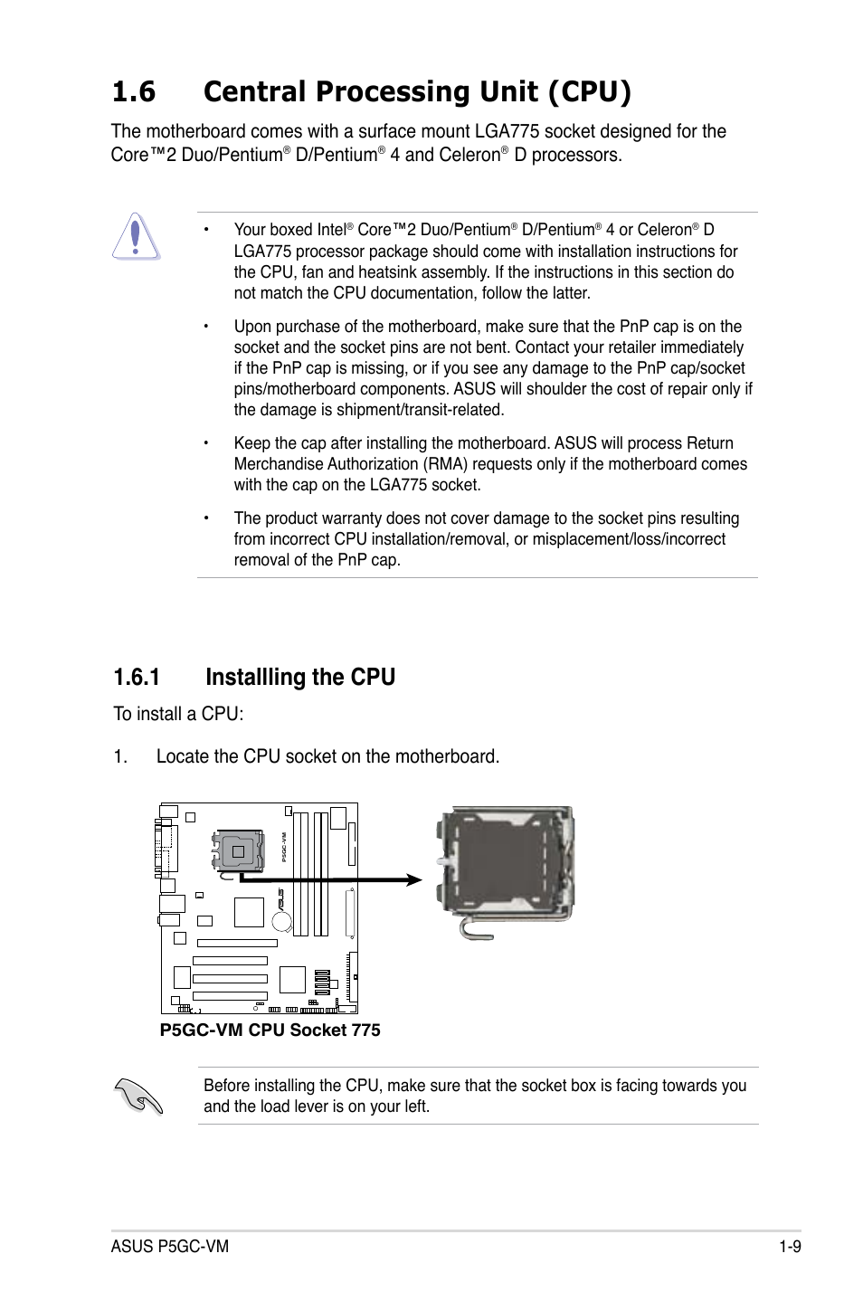 6 central processing unit (cpu), 1 installling the cpu | Asus P5GC-VM User Manual | Page 21 / 94