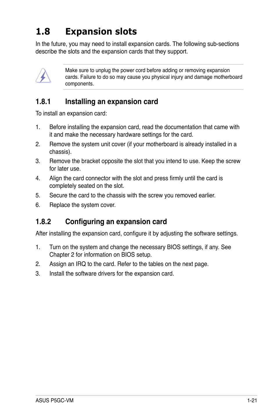 8 expansion slots, 1 installing an expansion card, 2 configuring an expansion card | Asus P5GC-VM User Manual | Page 33 / 94