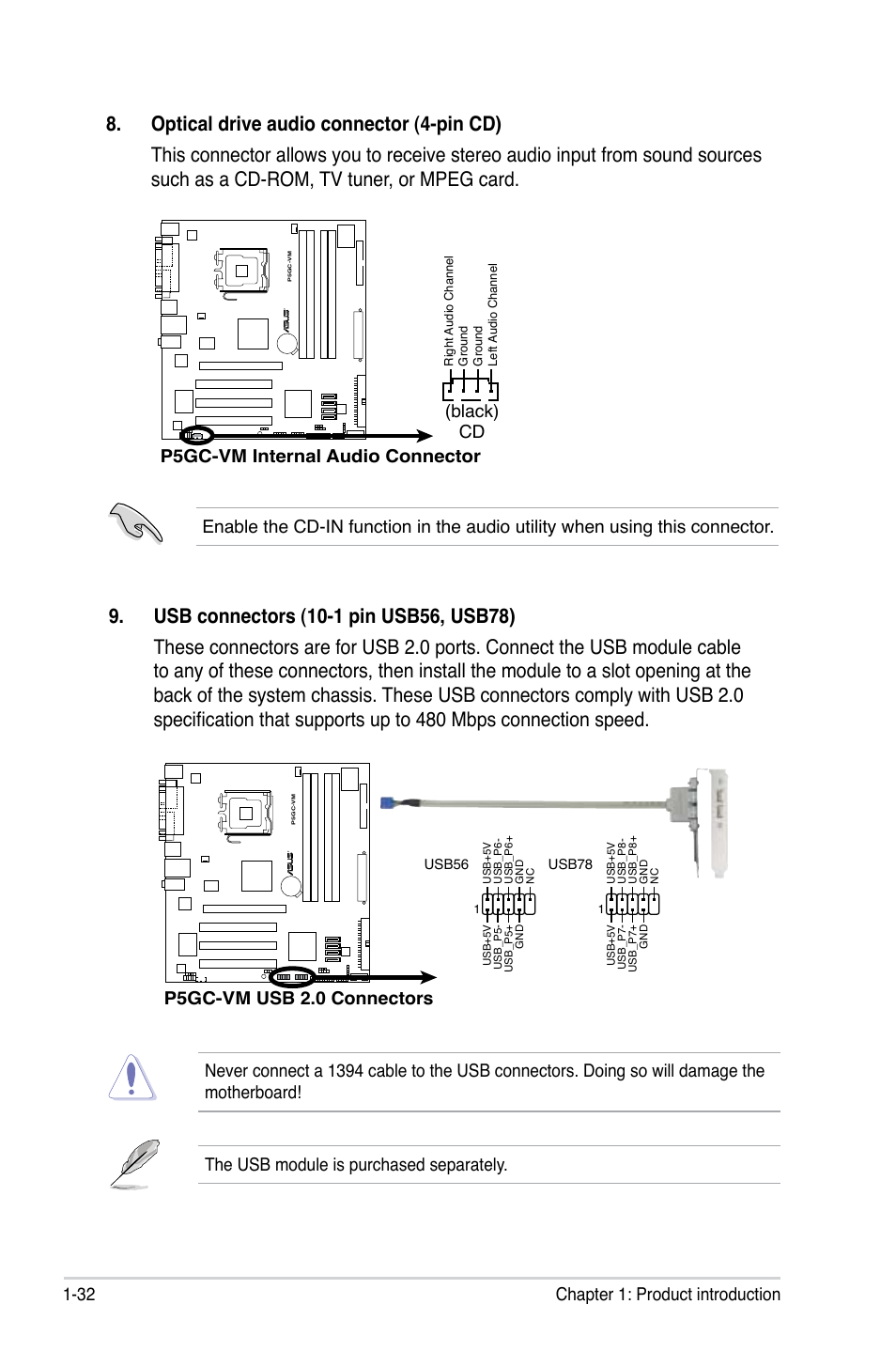 32 chapter 1: product introduction, P5gc-vm internal audio connector cd (black), P5gc-vm usb 2.0 connectors | Asus P5GC-VM User Manual | Page 44 / 94