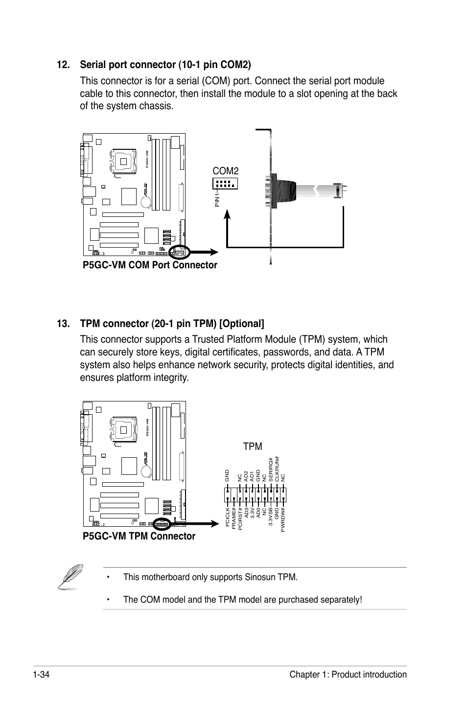 P5gc-vm tpm connector tpm, P5gc-vm com port connector, Com2 | 34 chapter 1: product introduction | Asus P5GC-VM User Manual | Page 46 / 94