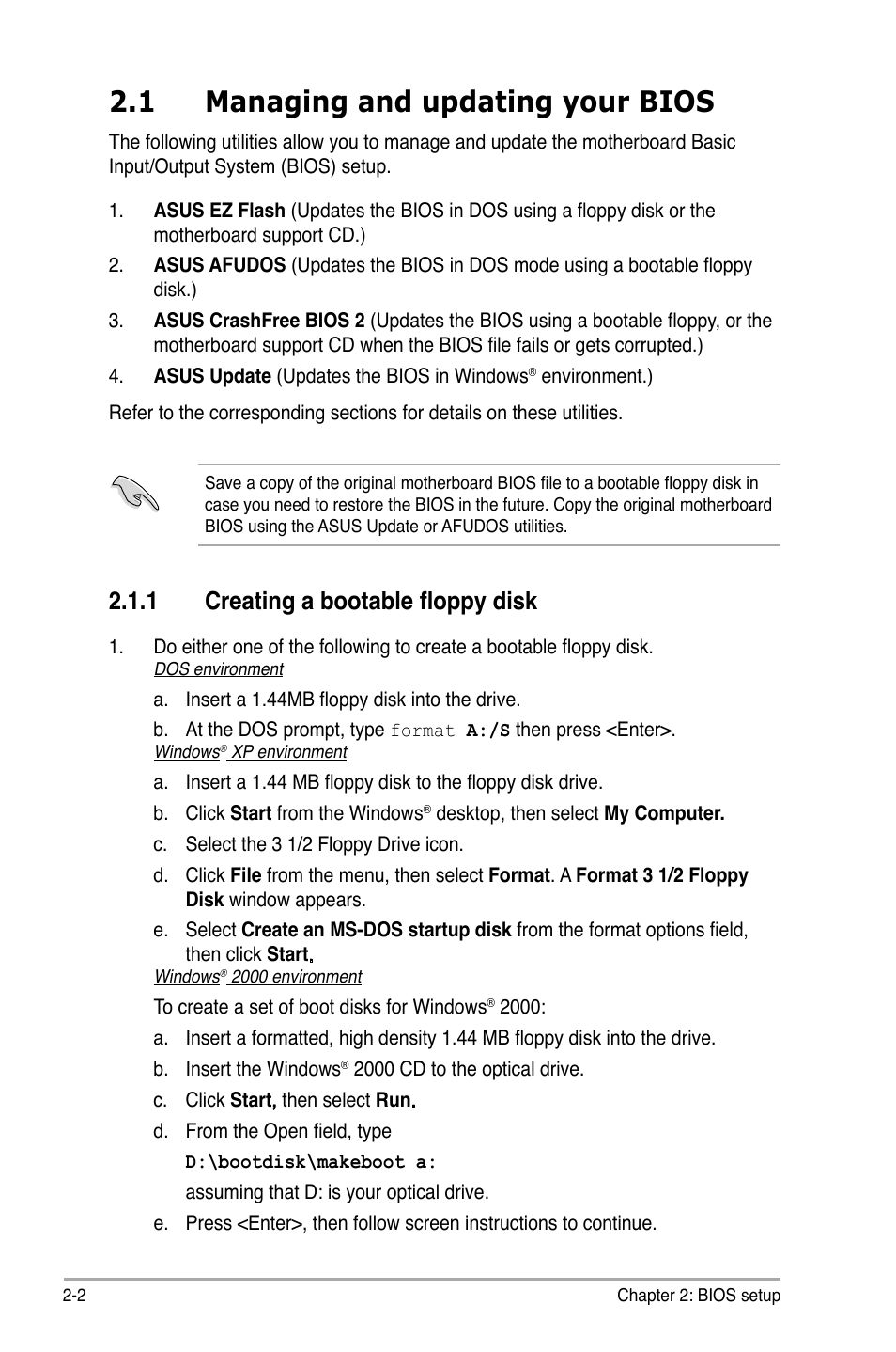 1 managing and updating your bios, 1 creating a bootable floppy disk | Asus P5GC-VM User Manual | Page 50 / 94