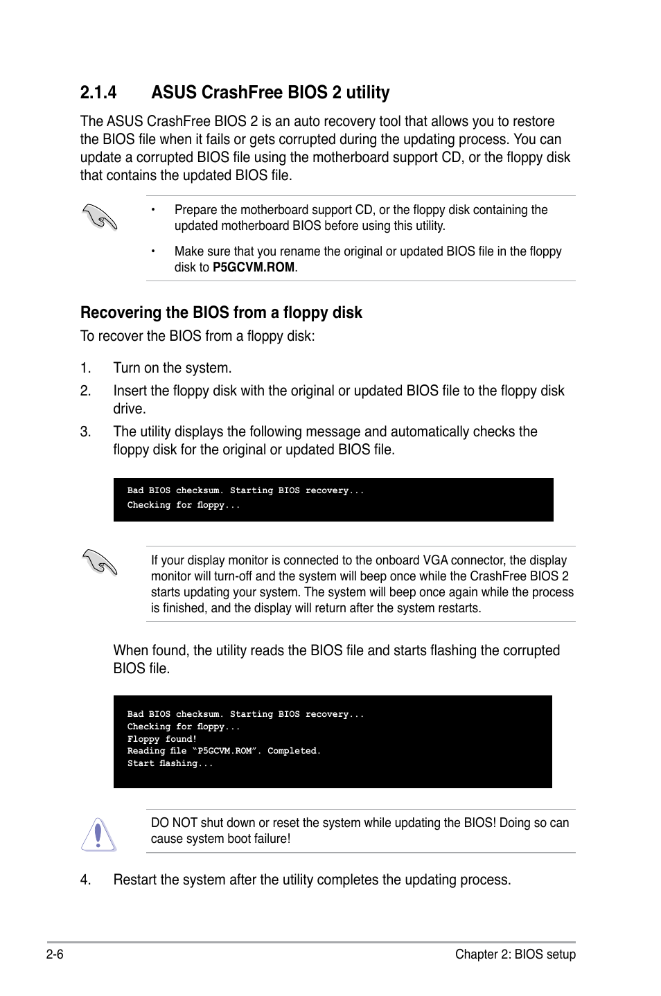 4 asus crashfree bios 2 utility, Recovering the bios from a floppy disk | Asus P5GC-VM User Manual | Page 54 / 94