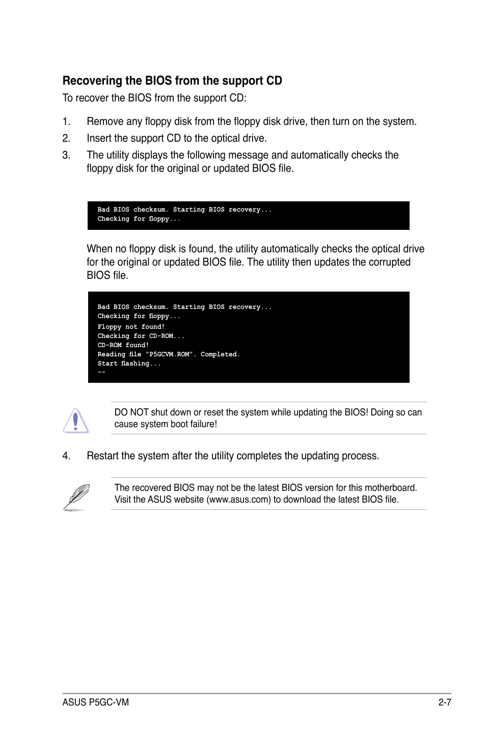 Recovering the bios from the support cd | Asus P5GC-VM User Manual | Page 55 / 94
