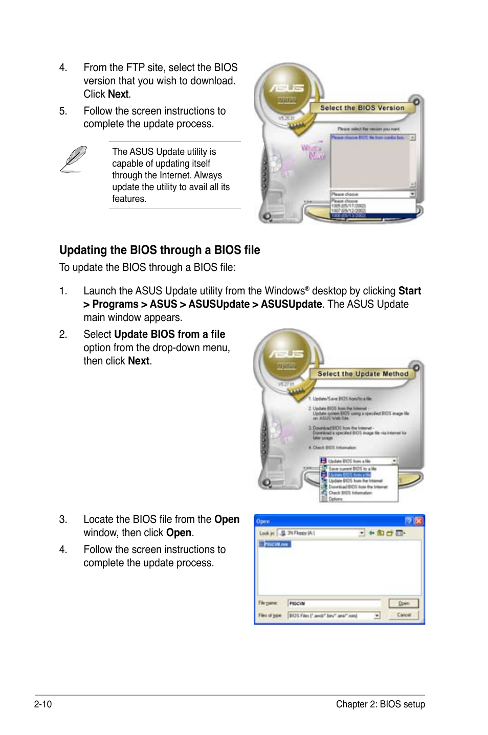 Updating the bios through a bios file | Asus P5GC-VM User Manual | Page 58 / 94