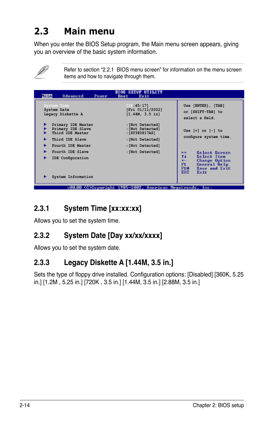 3 main menu, 1 system time [xx:xx:xx | Asus P5GC-VM User Manual | Page 62 / 94
