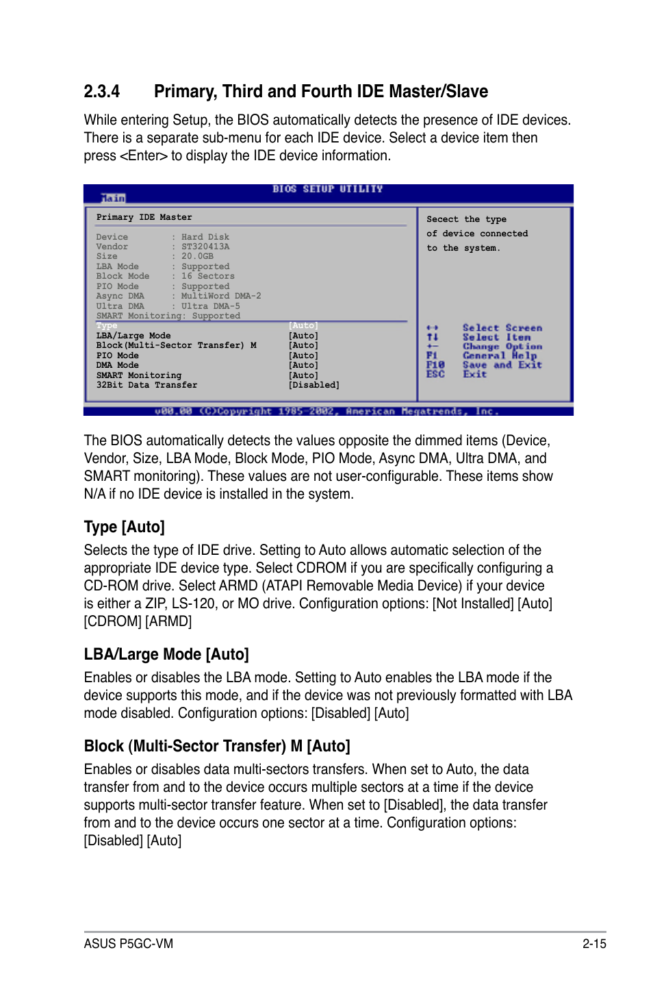 4 primary, third and fourth ide master/slave, Type [auto, Lba/large mode [auto | Block (multi-sector transfer) m [auto | Asus P5GC-VM User Manual | Page 63 / 94