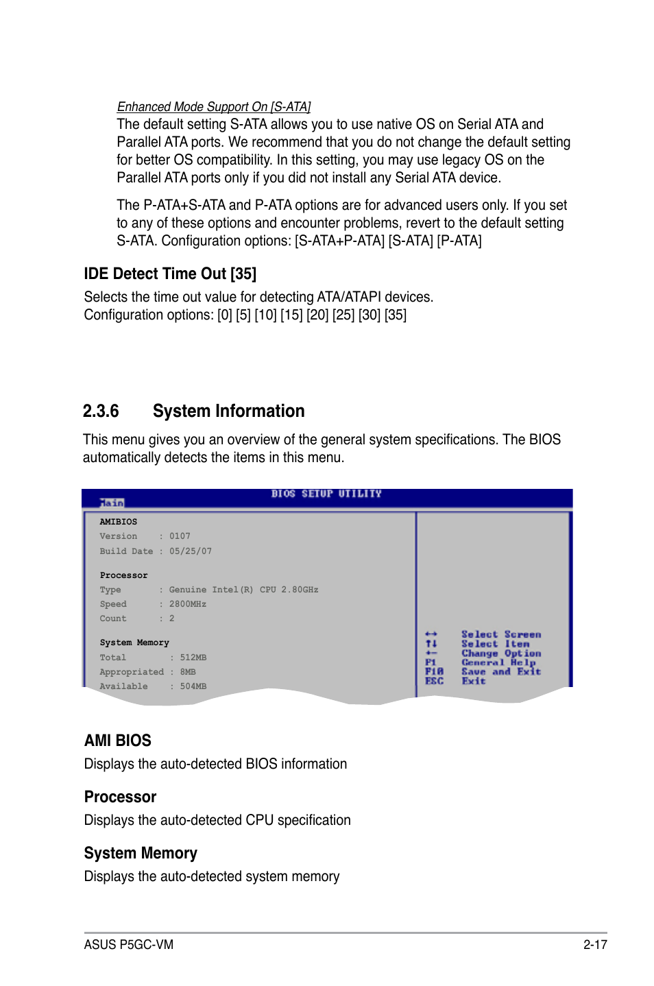 6 system information, Ide detect time out [35, Ami bios | Processor | Asus P5GC-VM User Manual | Page 65 / 94