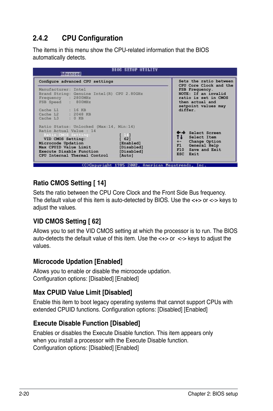 2 cpu configuration, Ratio cmos setting [ 14, Vid cmos setting [ 62 | Microcode updation [enabled, Max cpuid value limit [disabled, Execute disable function [disabled | Asus P5GC-VM User Manual | Page 68 / 94