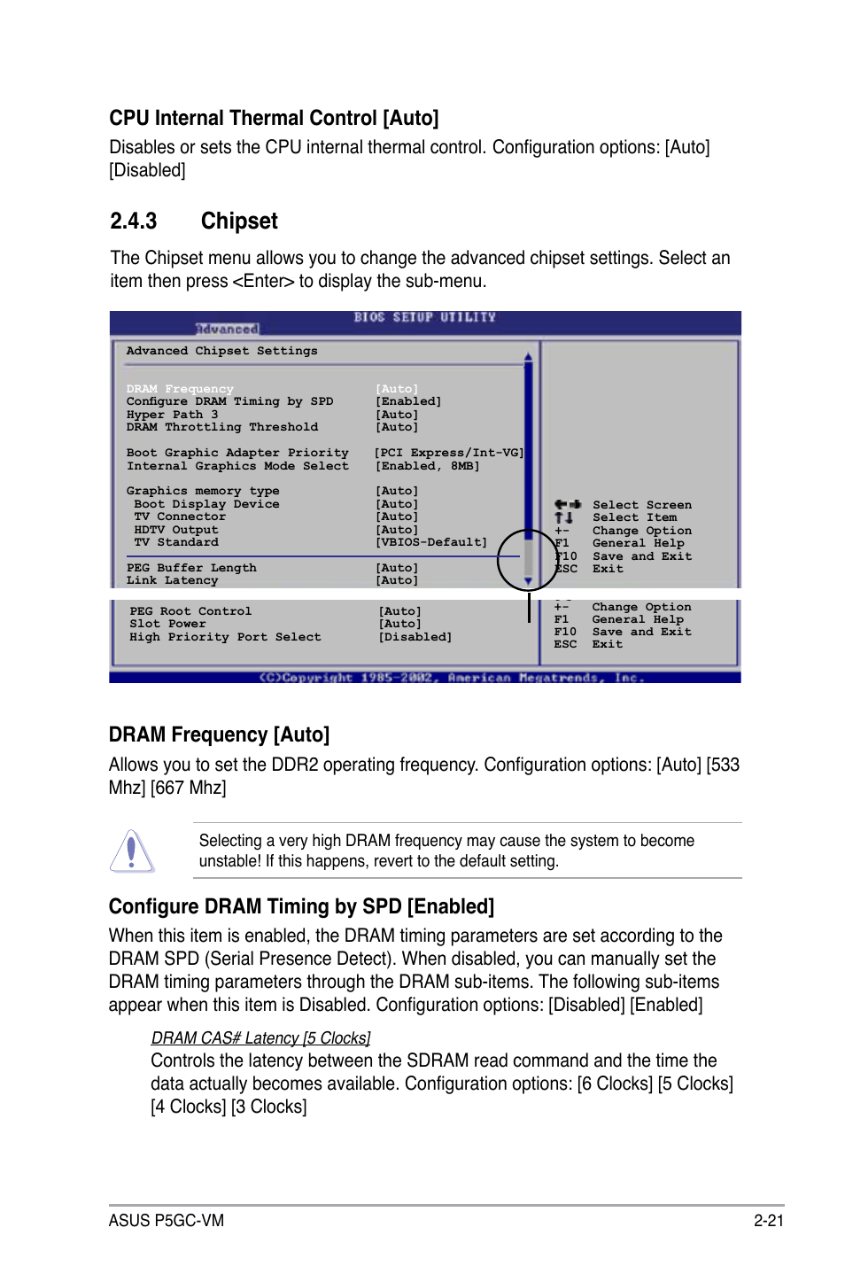 3 chipset, Cpu internal thermal control [auto, Dram frequency [auto | Configure dram timing by spd [enabled | Asus P5GC-VM User Manual | Page 69 / 94