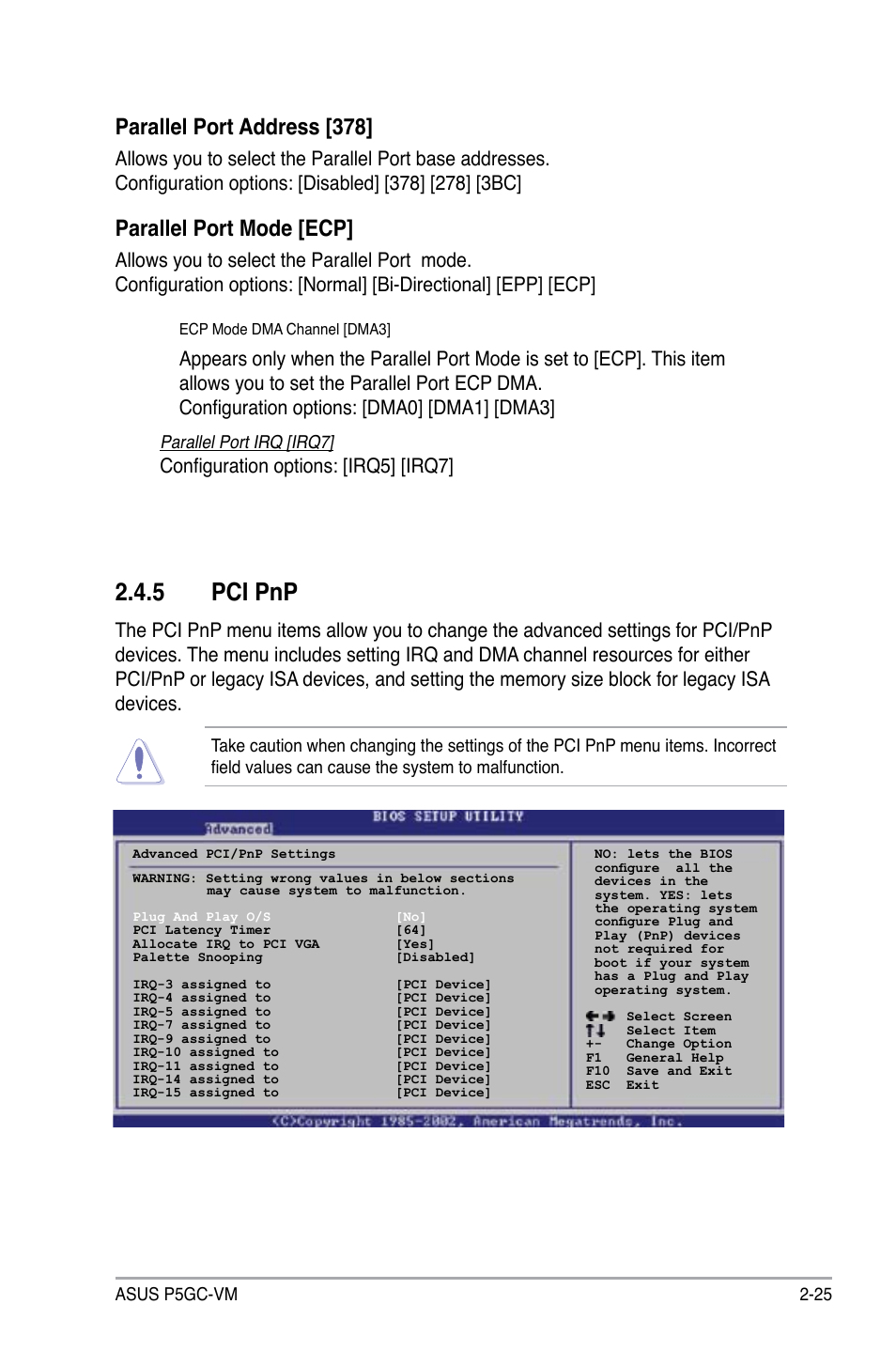 5 pci pnp, Parallel port address [378, Parallel port mode [ecp | Configuration options: [irq5] [irq7 | Asus P5GC-VM User Manual | Page 73 / 94