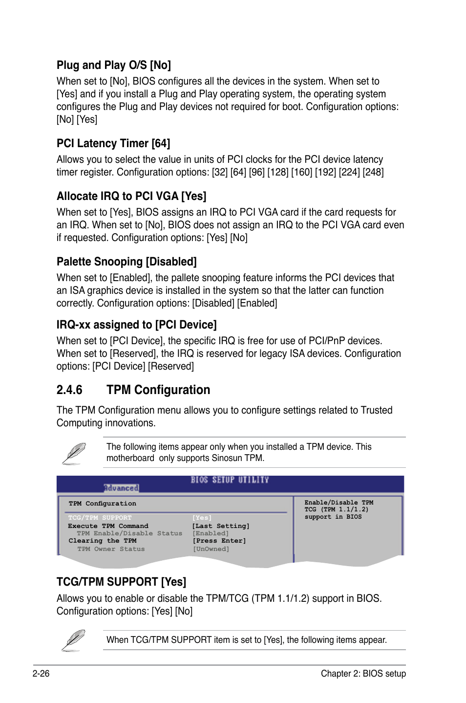 6 tpm configuration, Plug and play o/s [no, Pci latency timer [64 | Allocate irq to pci vga [yes, Palette snooping [disabled, Irq-xx assigned to [pci device, Tcg/tpm support [yes | Asus P5GC-VM User Manual | Page 74 / 94