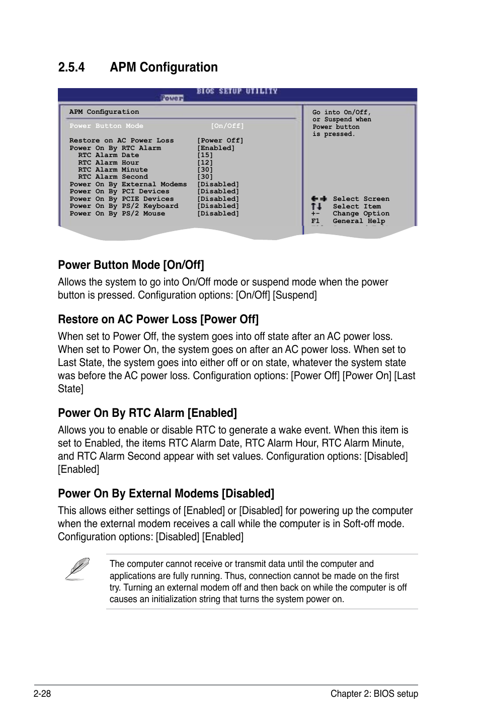 4 apm configuration, Power button mode [on/off, Restore on ac power loss [power off | Power on by rtc alarm [enabled, Power on by external modems [disabled | Asus P5GC-VM User Manual | Page 76 / 94