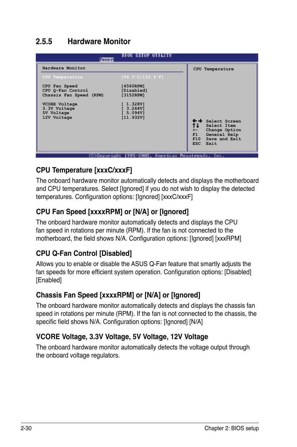 5 hardware monitor, Cpu temperature [xxxc/xxxf, Cpu q-fan control [disabled | Asus P5GC-VM User Manual | Page 78 / 94