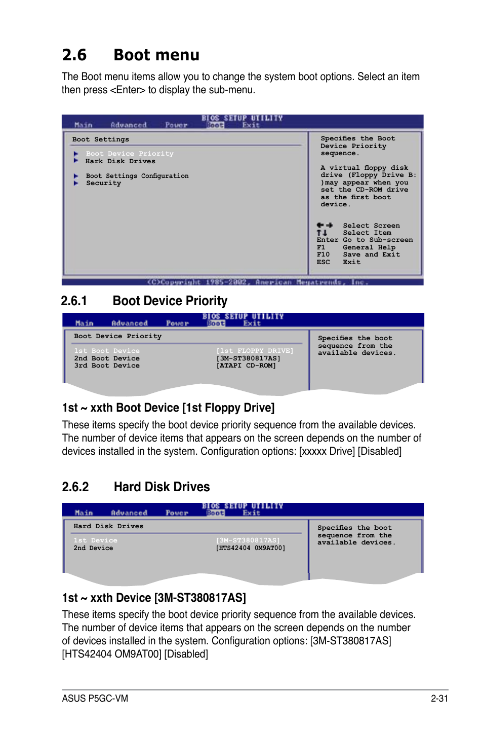 6 boot menu, 1 boot device priority, 2 hard disk drives | 1st ~ xxth boot device [1st floppy drive | Asus P5GC-VM User Manual | Page 79 / 94