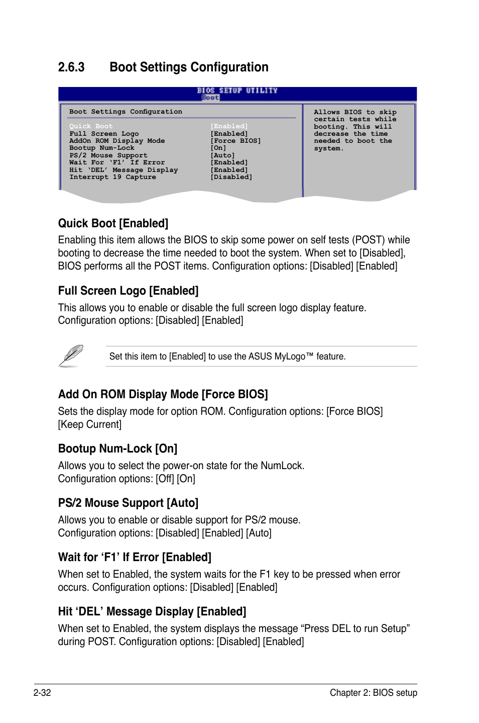 3 boot settings configuration, Quick boot [enabled, Full screen logo [enabled | Add on rom display mode [force bios, Bootup num-lock [on, Ps/2 mouse support [auto, Wait for ‘f1’ if error [enabled, Hit ‘del’ message display [enabled | Asus P5GC-VM User Manual | Page 80 / 94
