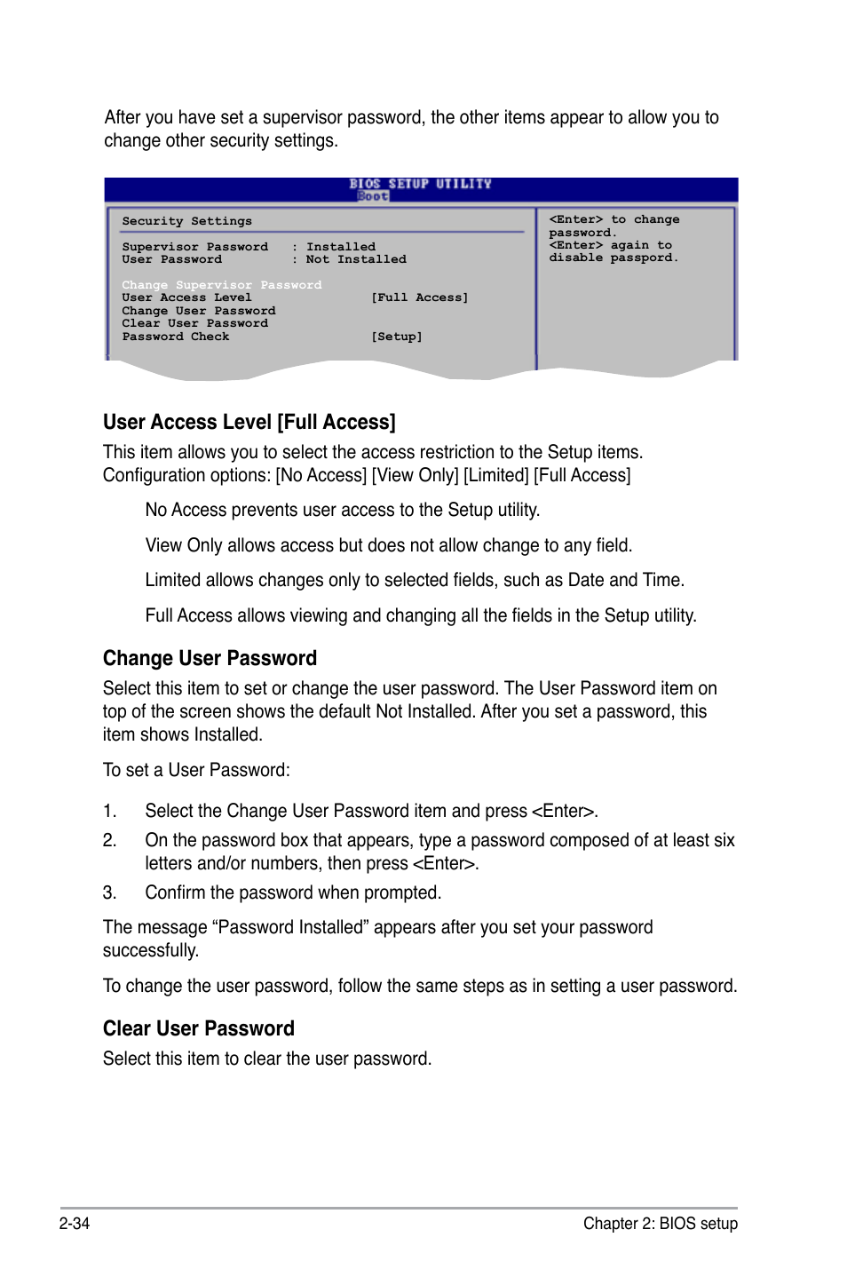 User access level [full access, Change user password, Clear user password | Select this item to clear the user password | Asus P5GC-VM User Manual | Page 82 / 94