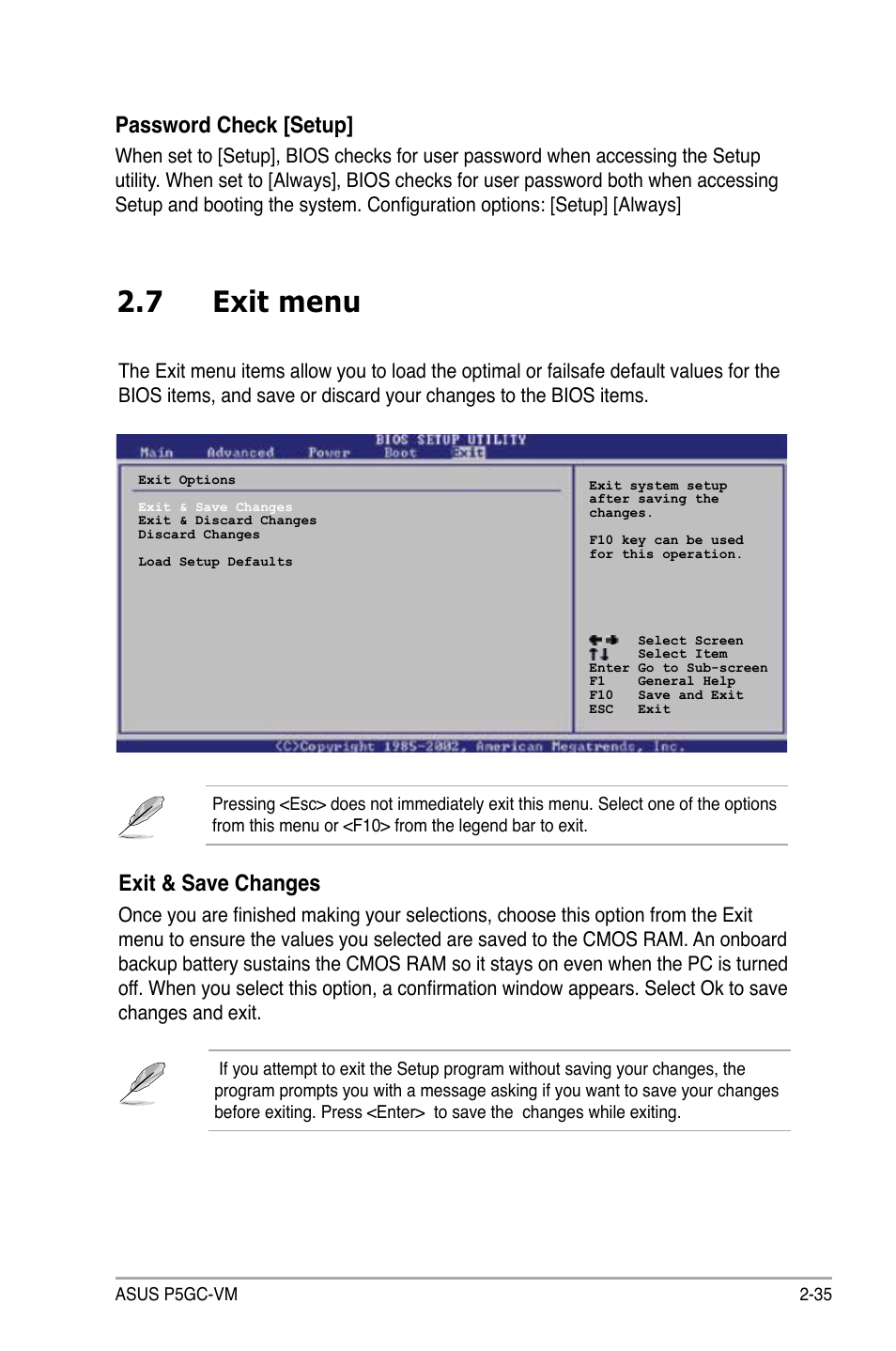 7 exit menu, Exit & save changes, Password check [setup | Asus P5GC-VM User Manual | Page 83 / 94