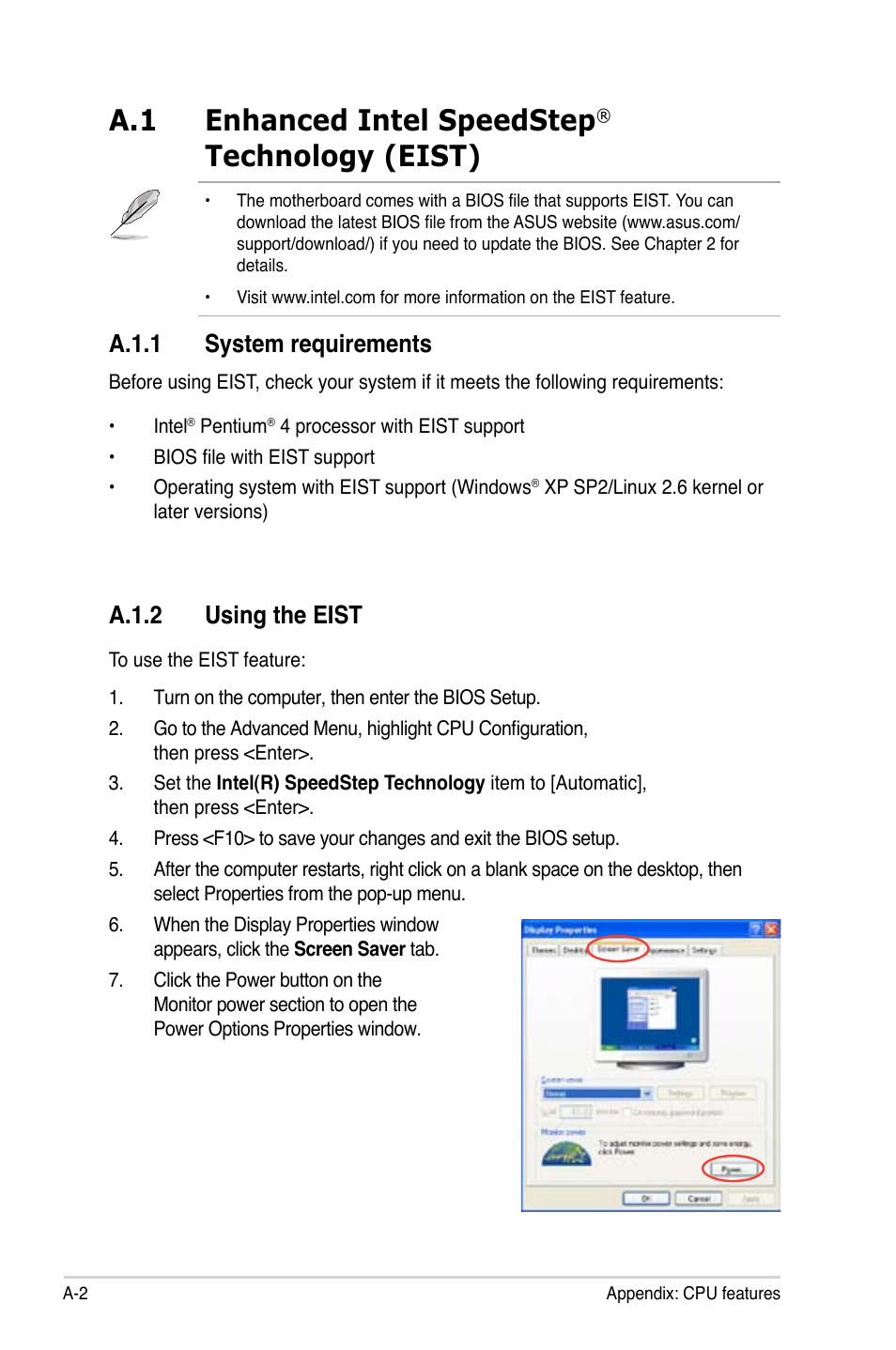 A.1 enhanced intel speedstep, Technology (eist), A.1.2 using the eist | A.1.1 system requirements | Asus P5GC-VM User Manual | Page 92 / 94