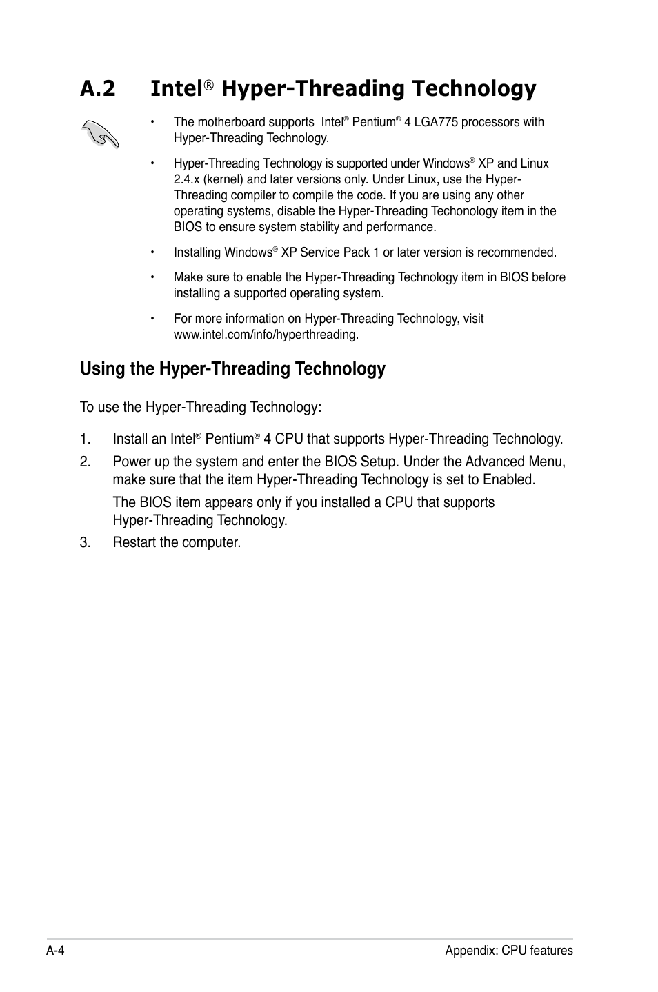 A.2 intel, Hyper-threading technology, Using the hyper-threading technology | Asus P5GC-VM User Manual | Page 94 / 94