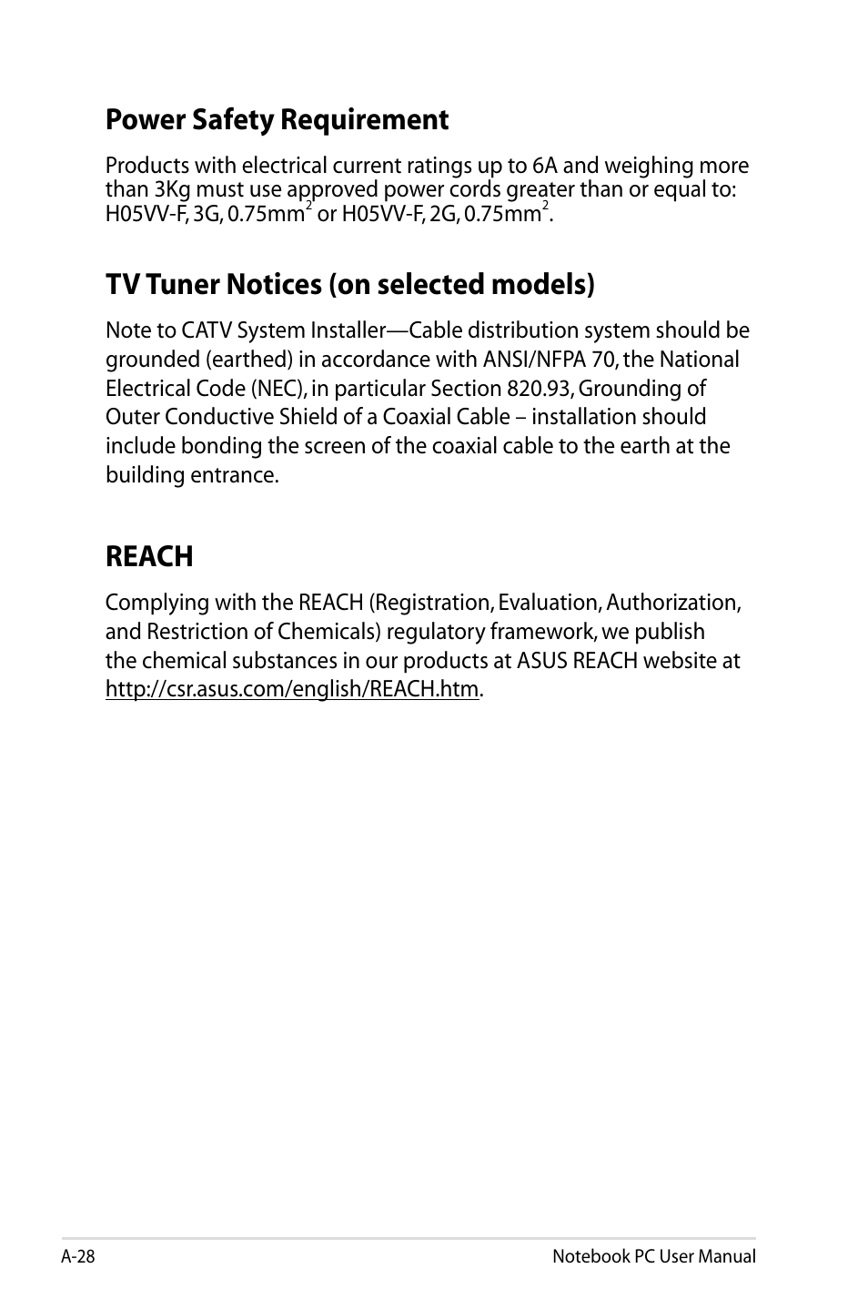 Power safety requirement, Tv tuner notices (on selected models), Reach | Asus N43JF User Manual | Page 100 / 112