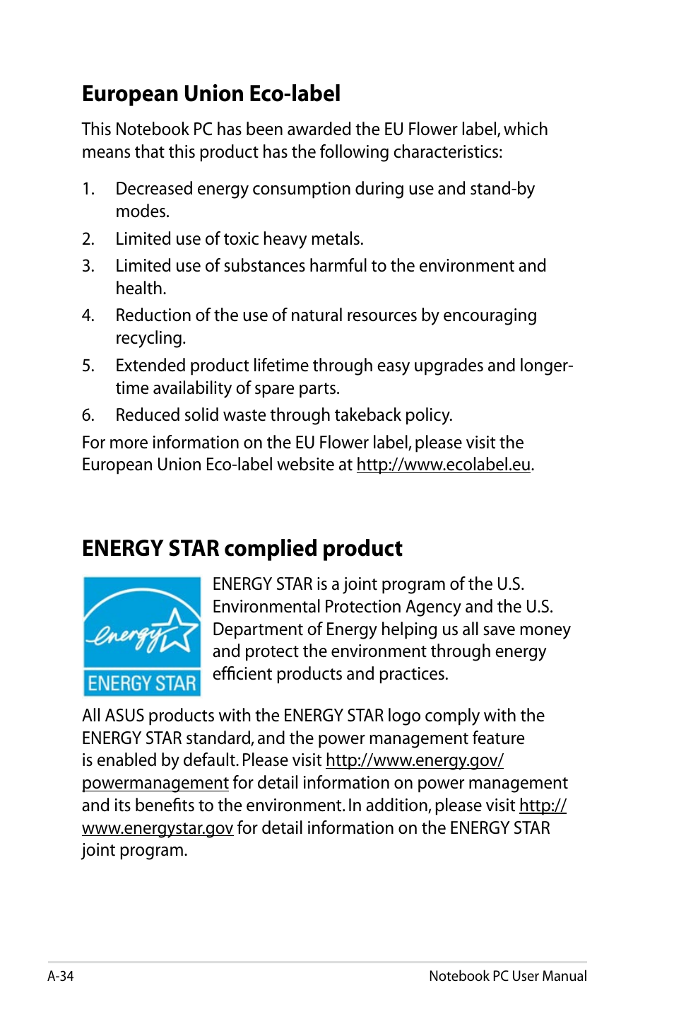 European union eco-label, Energy star complied product | Asus N43JF User Manual | Page 106 / 112