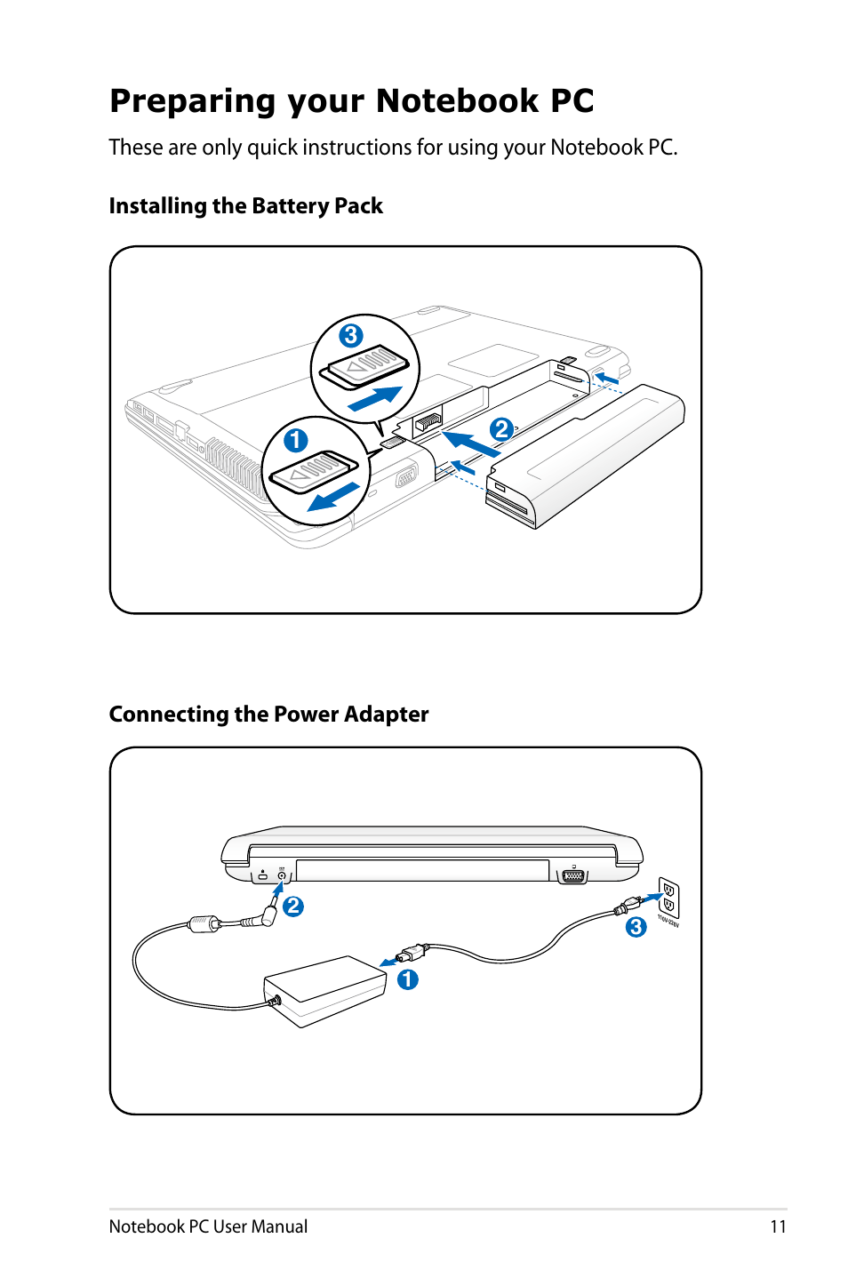 Preparing your notebook pc | Asus N43JF User Manual | Page 11 / 112