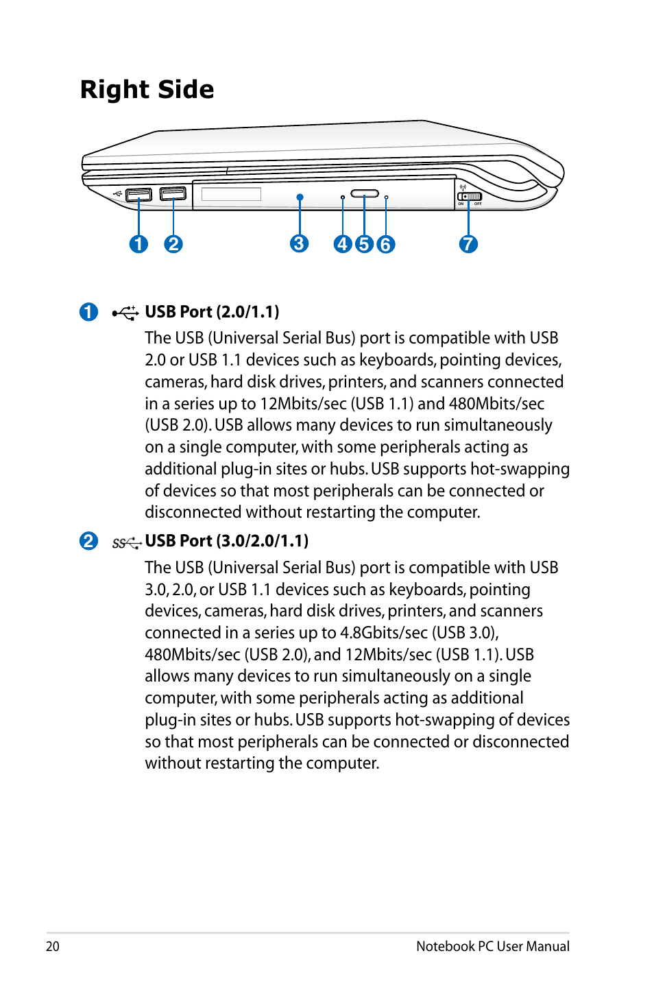 Right side | Asus N43JF User Manual | Page 20 / 112