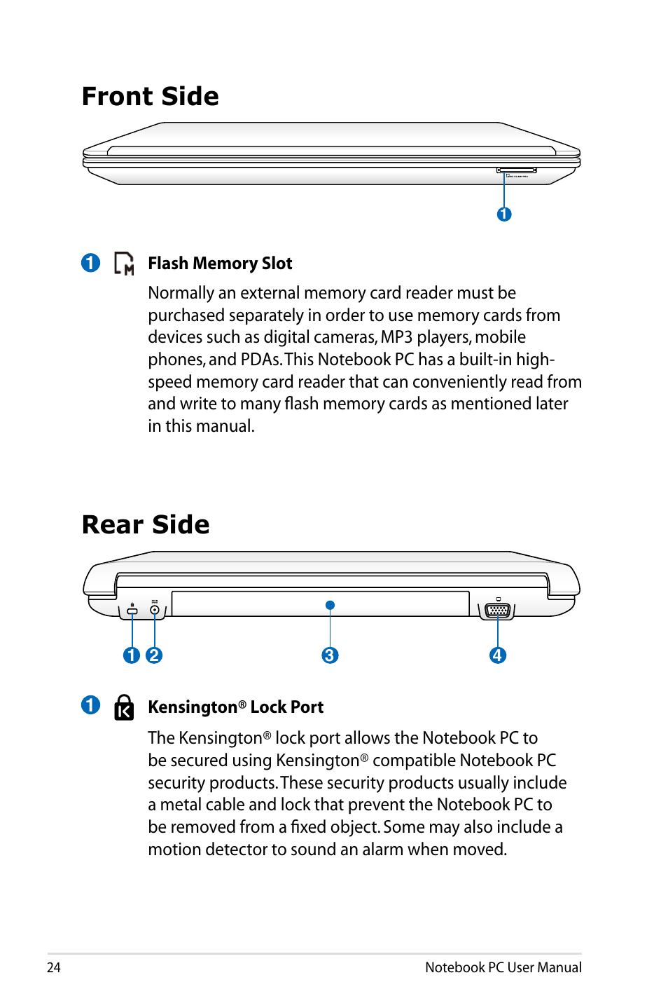 Front side, Rear side, Front side rear side | Asus N43JF User Manual | Page 24 / 112