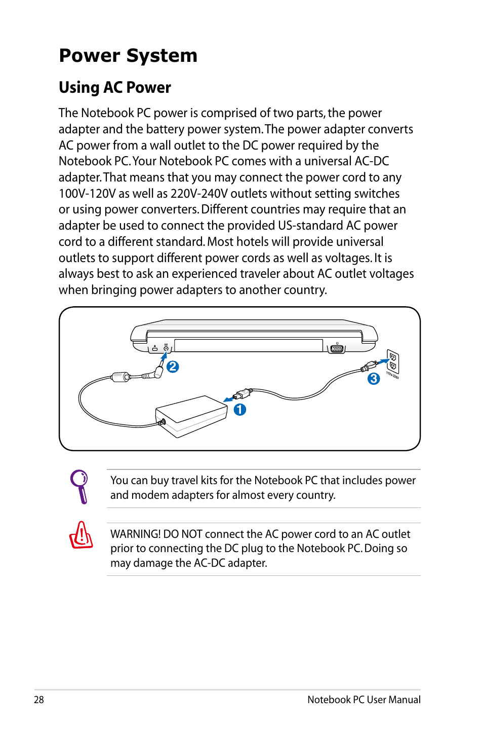 Power system, Using ac power | Asus N43JF User Manual | Page 28 / 112