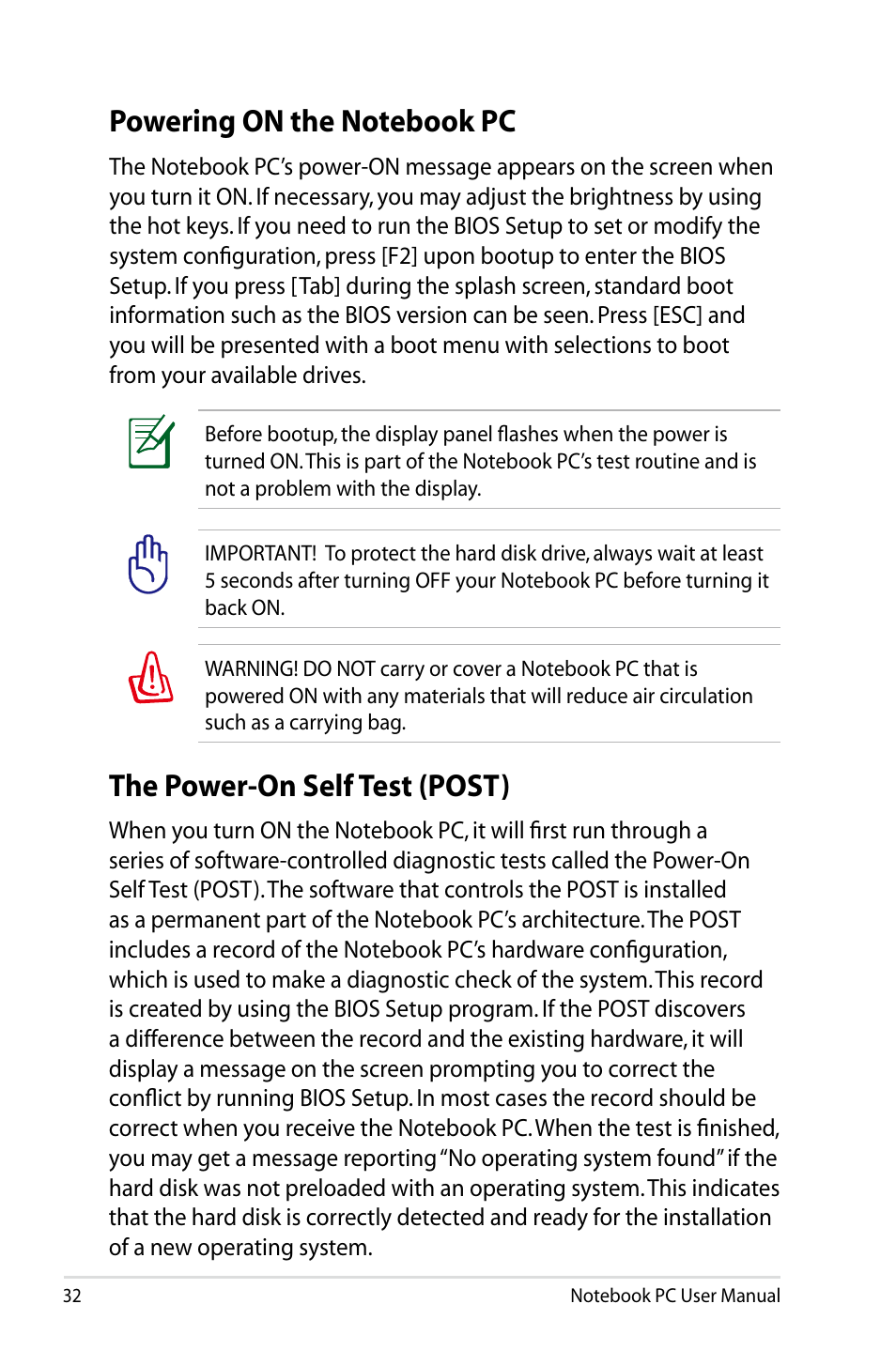 Powering on the notebook pc, The power-on self test (post) | Asus N43JF User Manual | Page 32 / 112