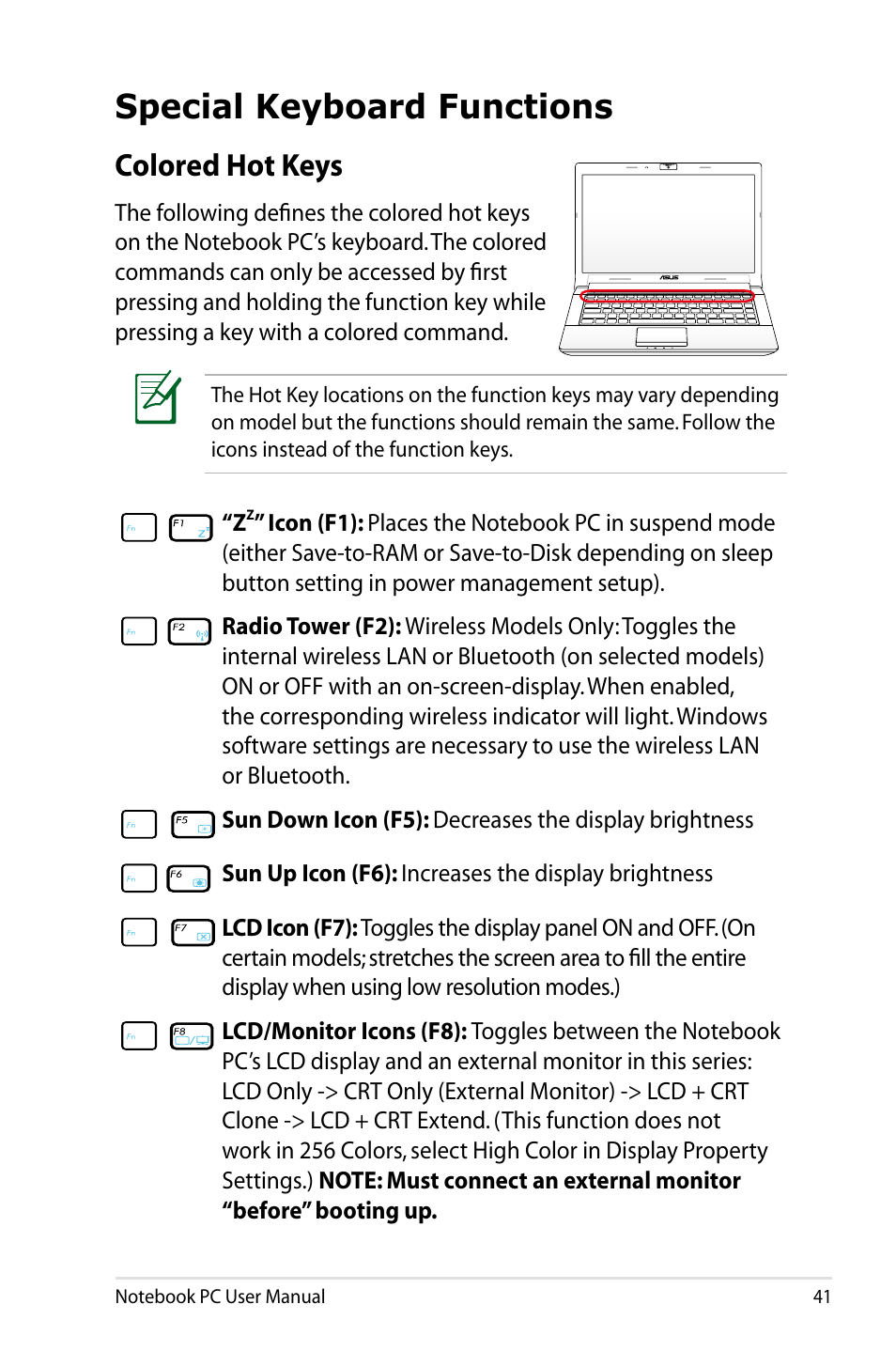 Special keyboard functions, Colored hot keys | Asus N43JF User Manual | Page 41 / 112