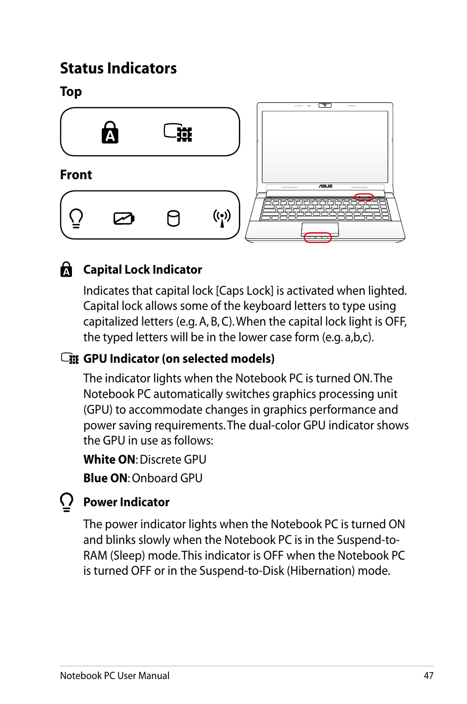 Status indicators | Asus N43JF User Manual | Page 47 / 112