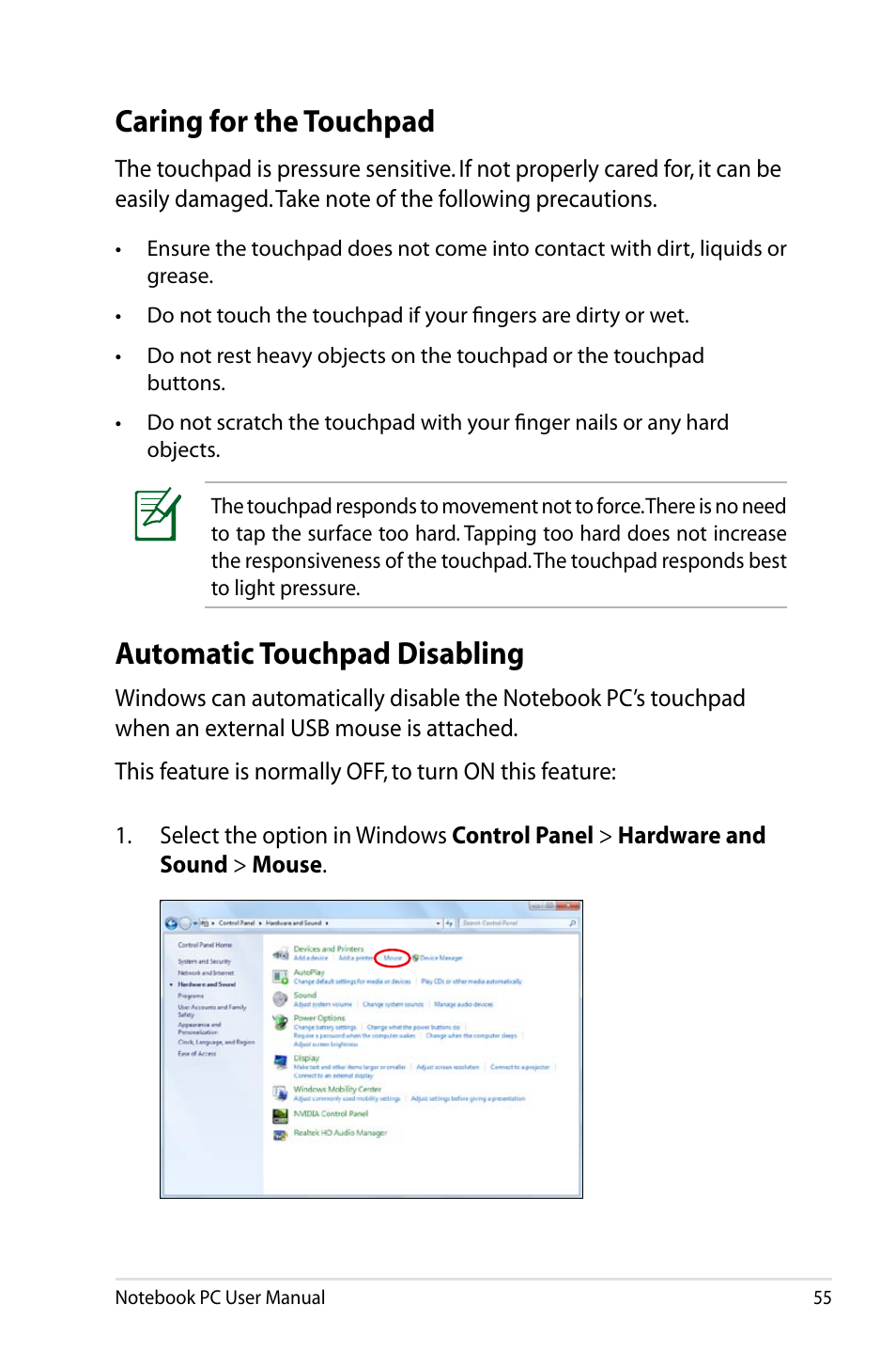 Caring for the touchpad, Automatic touchpad disabling | Asus N43JF User Manual | Page 55 / 112