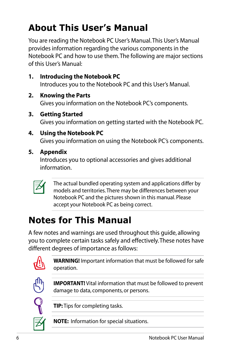 About this user’s manual, Notes for this manual, About this user’s manual notes for this manual | Asus N43JF User Manual | Page 6 / 112