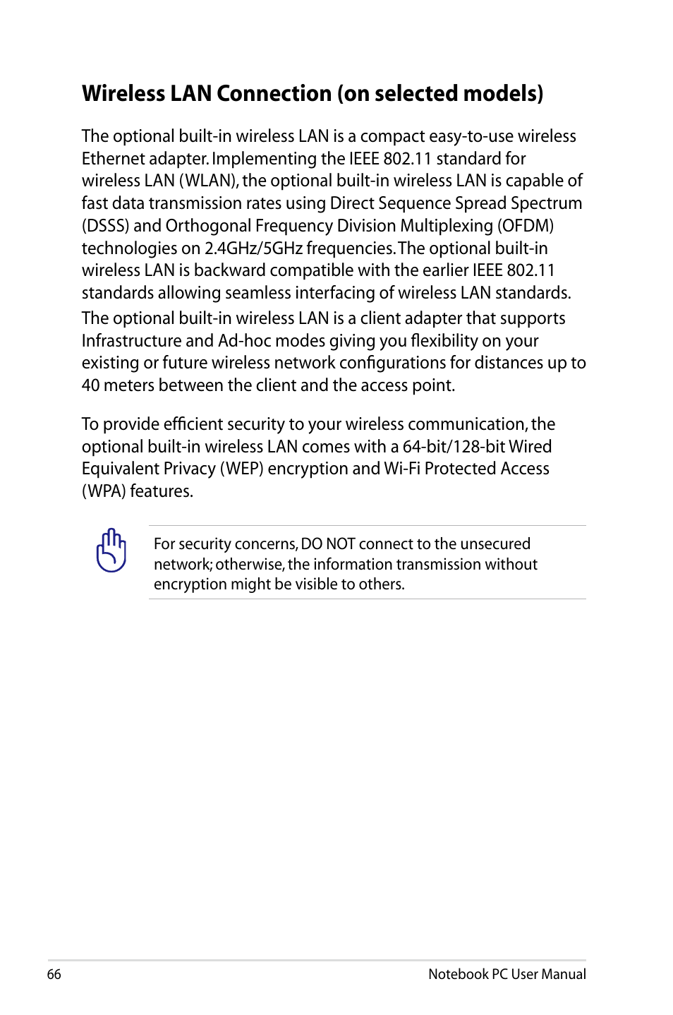 Wireless lan connection (on selected models) | Asus N43JF User Manual | Page 66 / 112