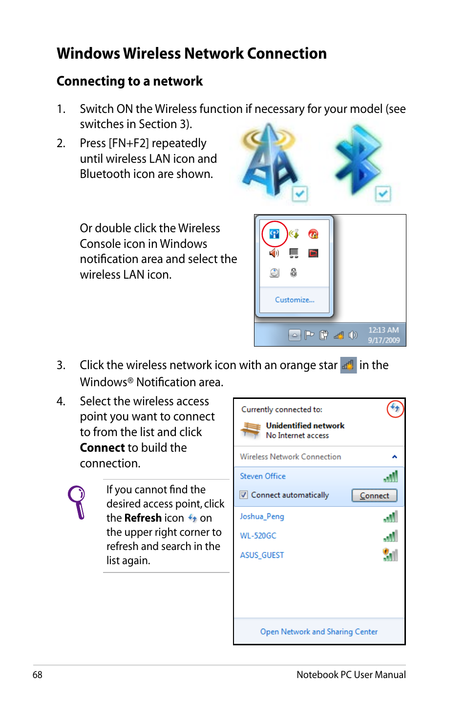 Windows wireless network connection | Asus N43JF User Manual | Page 68 / 112