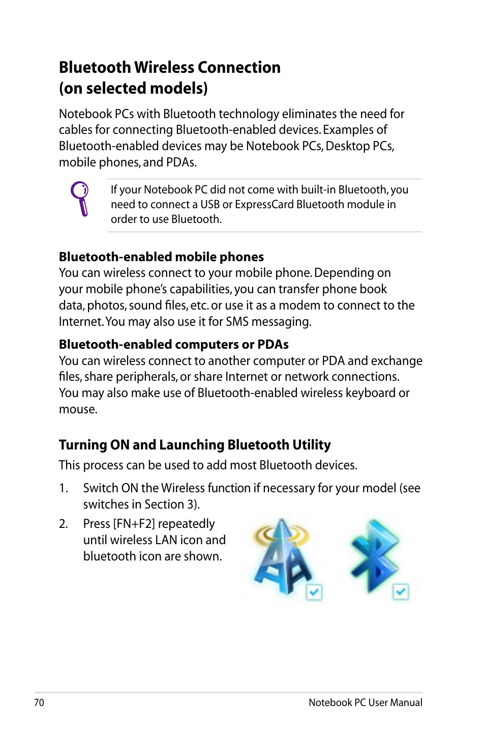 Bluetooth wireless connection(on selected models), Bluetooth wireless connection (on selected models) | Asus N43JF User Manual | Page 70 / 112