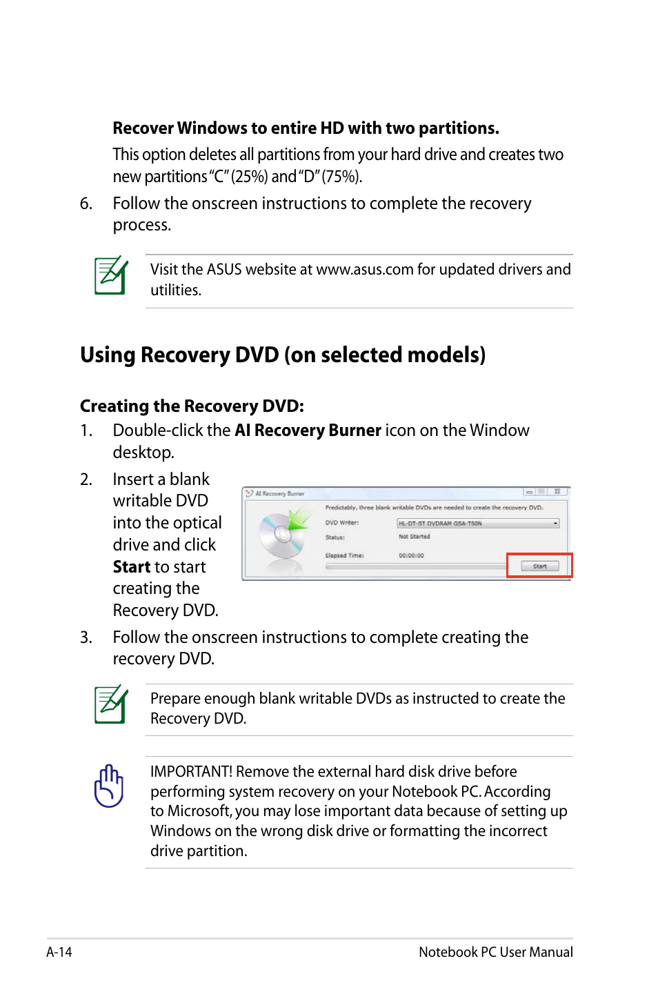 Using recovery dvd (on selected models) | Asus N43JF User Manual | Page 86 / 112